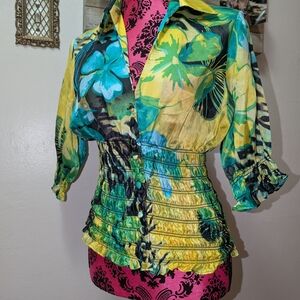 Cache Vibrant Yellow and Blue Floral Blouse